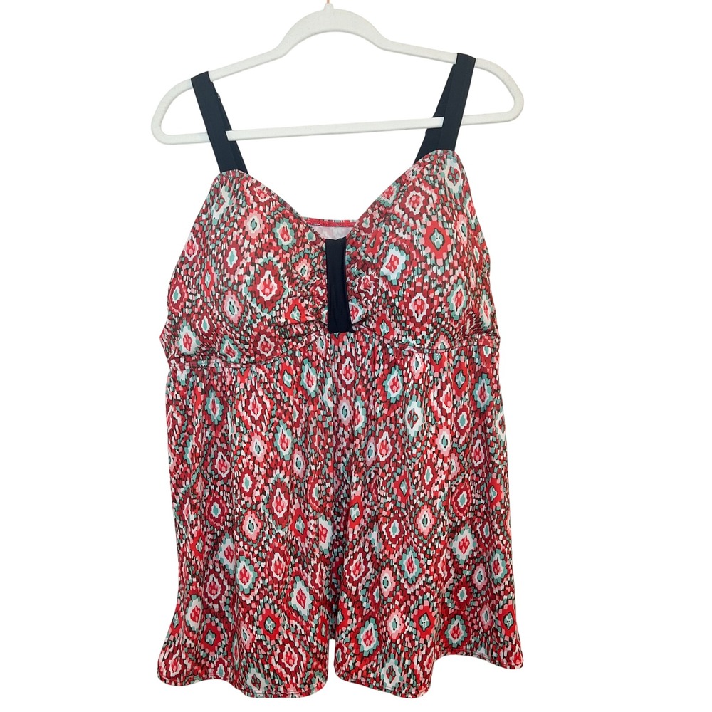 Womens Tankini‎ Swim Top Size 26W Red Tribal Print Adjustable Straps Flounce Hem